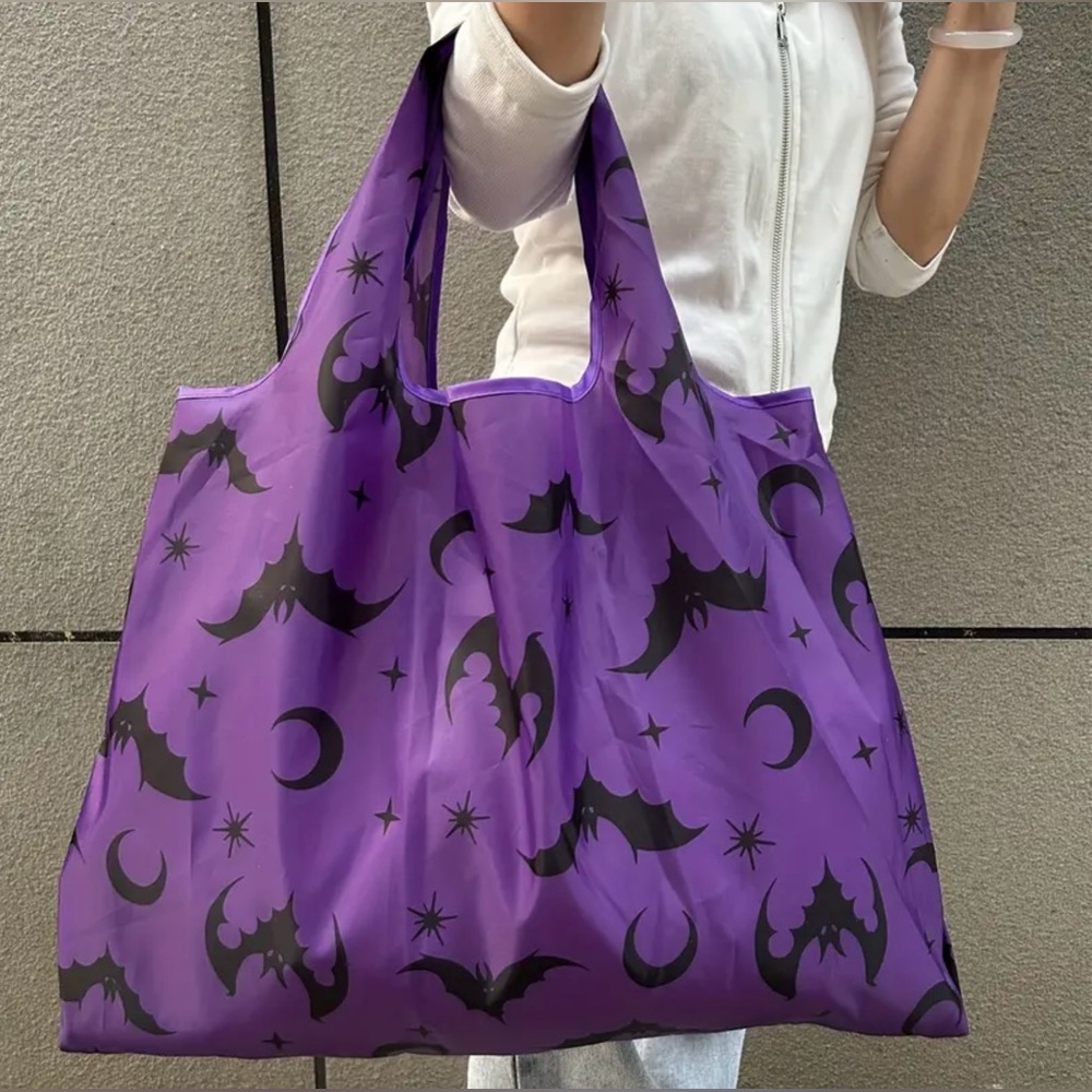 New Purple Bat Print Folding Shopping Tote Bag